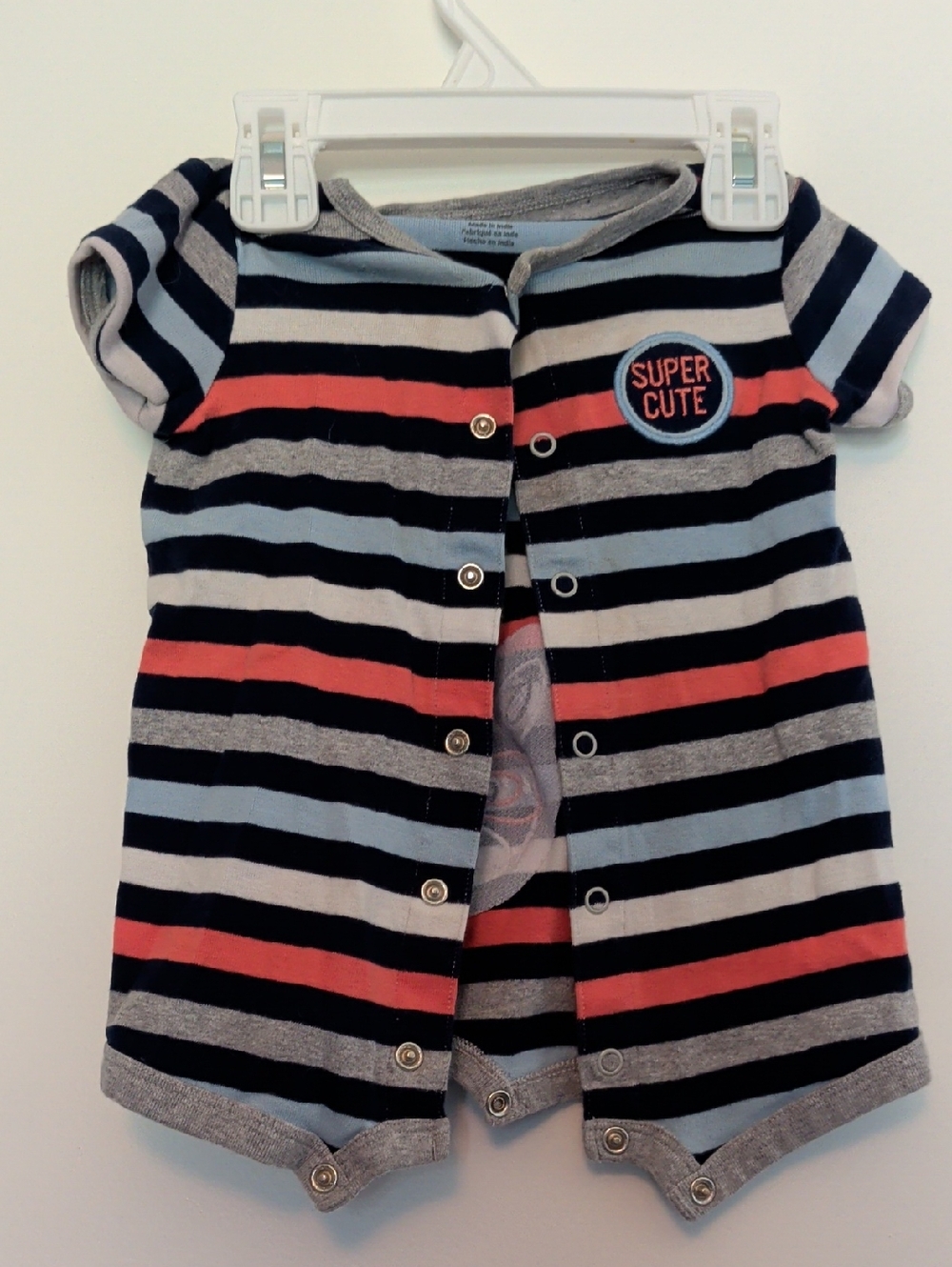 Carter's Striped 'Super Cute' Romper - Navy, Light Blue & Coral